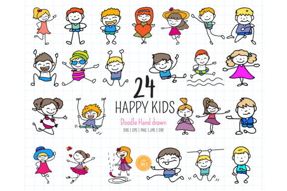 24 Hand Drawn Smiling Boys and Girls SVG Graphics