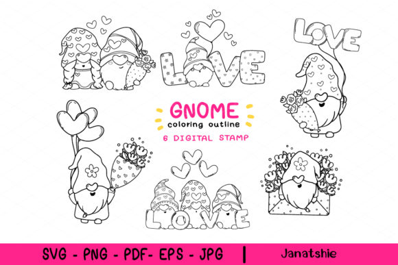 Valentine Gnome Digital Stamp Outline for Crafts & Graphics